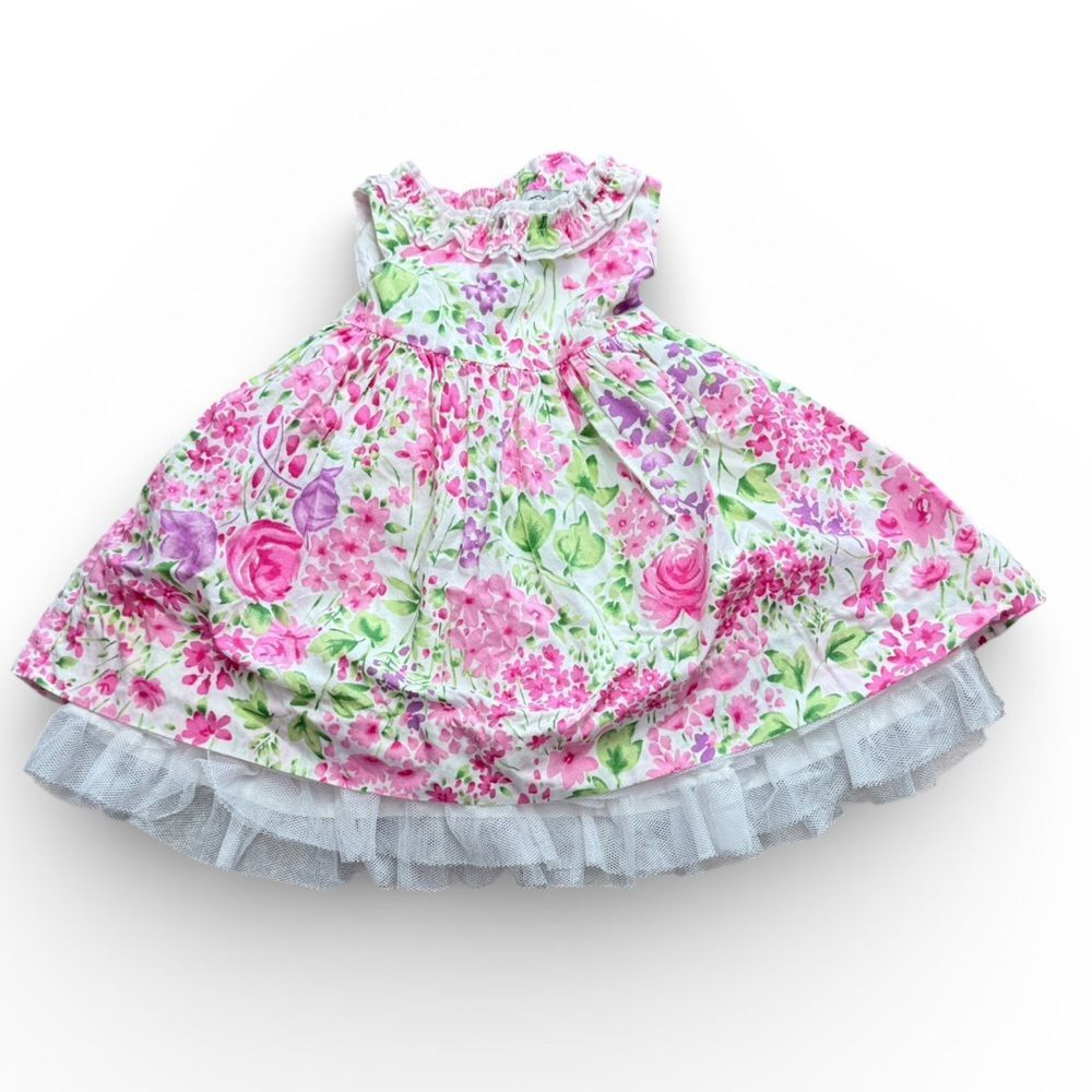 Polly Flinders White, Pink, purple, Green Floral Dress With Layered Tull